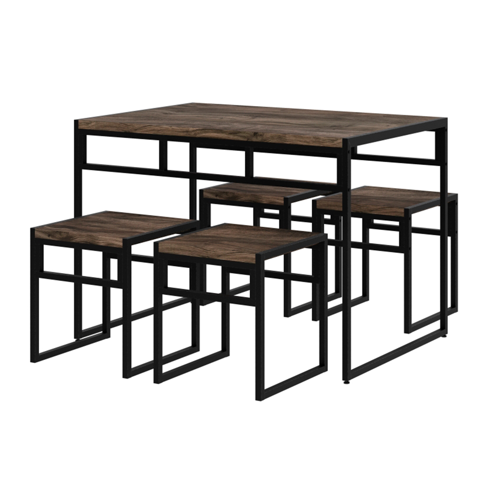 Conjunto de Mesa de Jantar com 4 Bancos Wooden Carvalho Dark e Preto