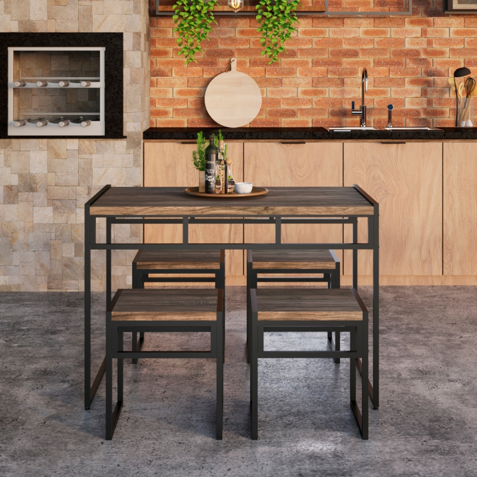 Conjunto de Mesa de Jantar com 4 Bancos Wooden Carvalho Dark e Preto
