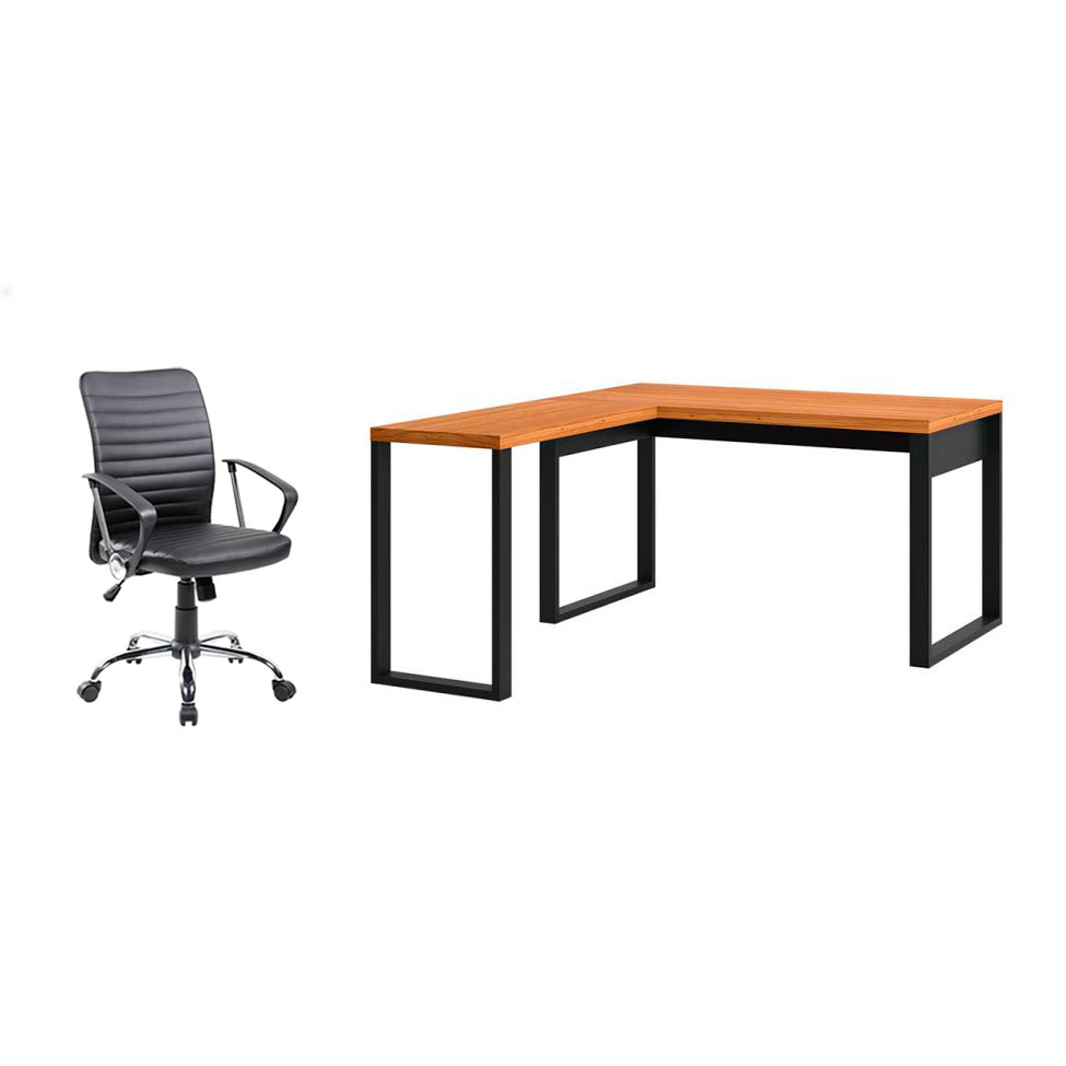 Conjunto de Mesa em L Anah Freijó com Cadeira de Escritório Diretor Giratória Oslo Preta