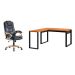Conjunto de Mesa em L Anah Freijó com Cadeira de Escritório Presidente Giratória com Relax Clark Preta e Dourada