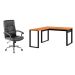 Conjunto de Mesa em L Anah Freijó com Cadeira de Escritório Presidente Giratória com Relax Office Plus Preta