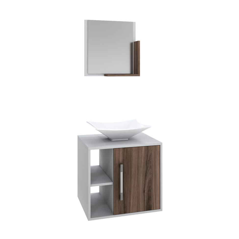 Conjunto para Banheiro Gabinete com Cuba Folha L38 e Espelheira Soft 500  Branco com Nogal