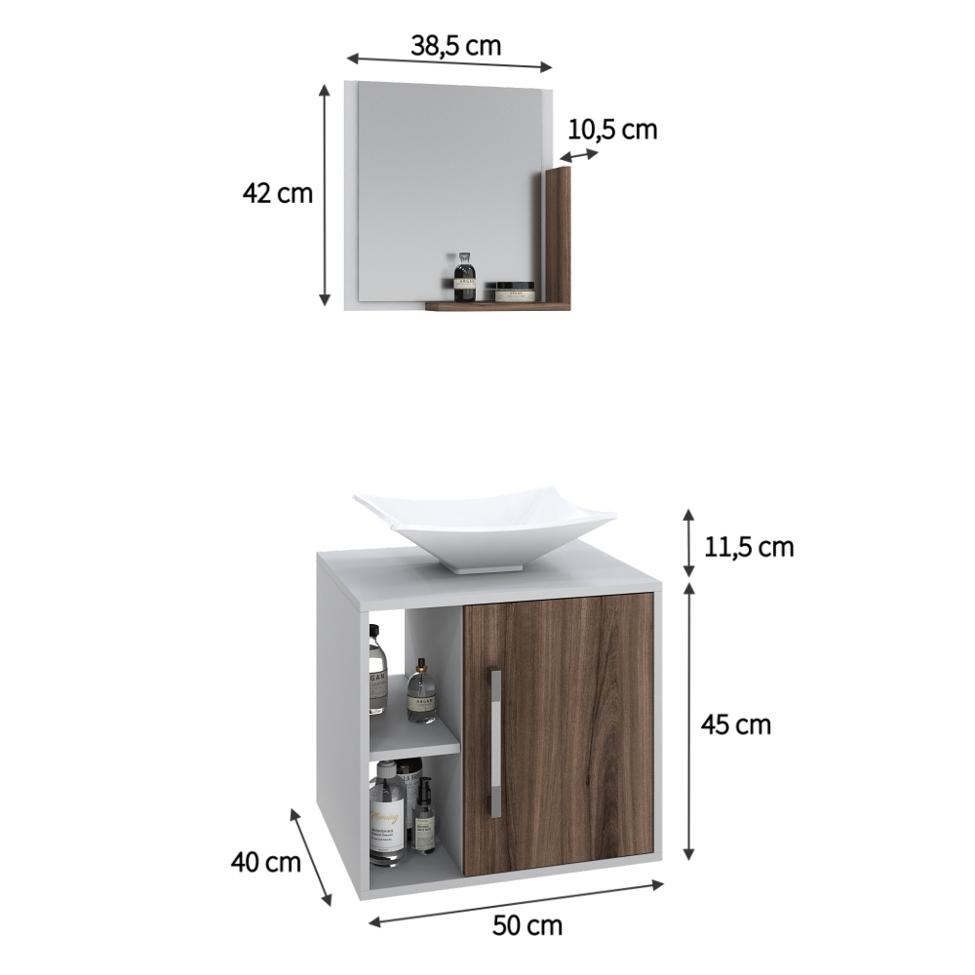 Conjunto para Banheiro Gabinete com Cuba Folha L38 e Espelheira Soft 500  Branco com Nogal