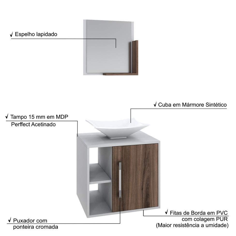 Conjunto para Banheiro Gabinete com Cuba Folha L38 e Espelheira Soft 500  Branco com Nogal
