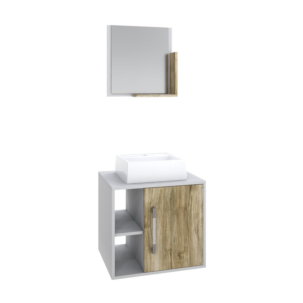 Conjunto para Banheiro Gabinete com Cuba Q32 e Espelheira Soft 500  Branco com Carvalho