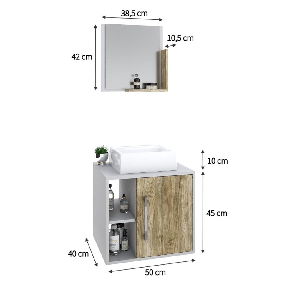 Conjunto para Banheiro Gabinete com Cuba Q32 e Espelheira Soft 500  Branco com Carvalho