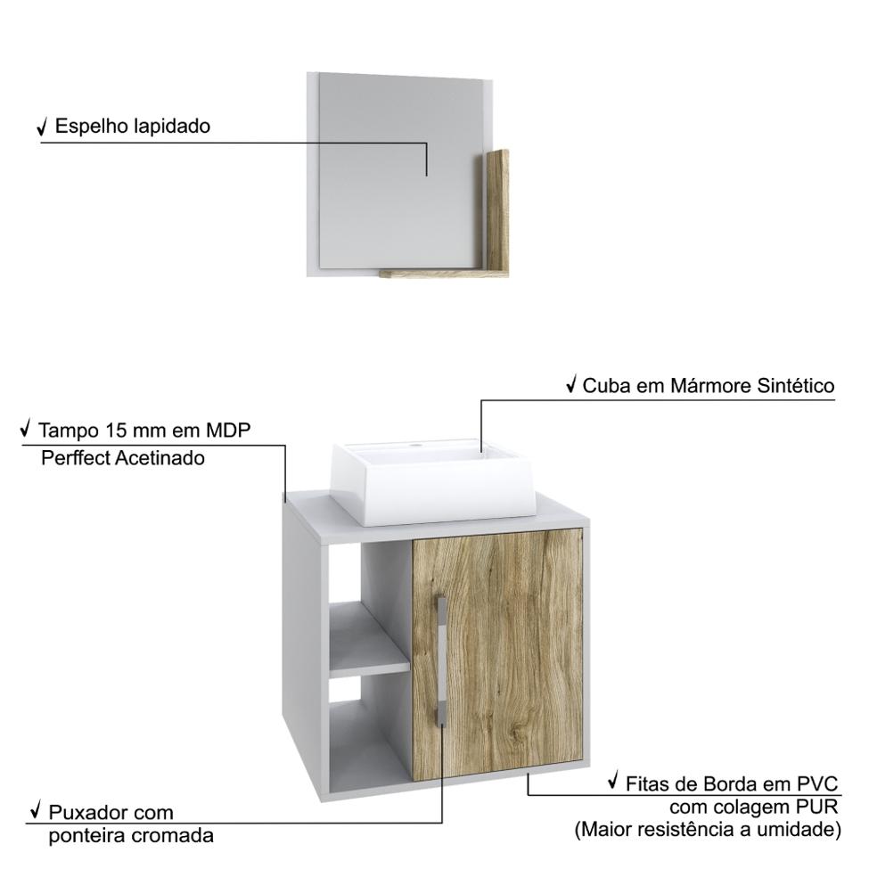 Conjunto para Banheiro Gabinete com Cuba Q32 e Espelheira Soft 500  Branco com Carvalho