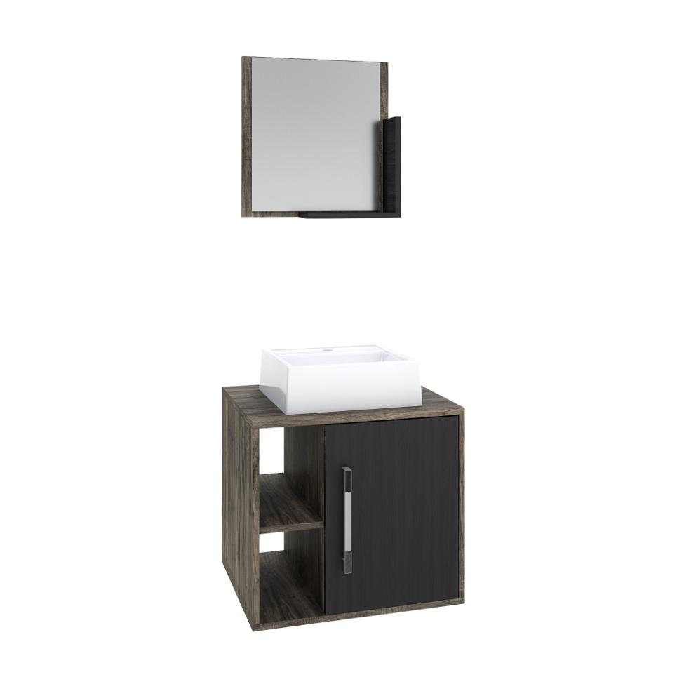 Conjunto para Banheiro Gabinete com Cuba Q32 e Espelheira Soft 500  Carvalho Dark com Preto Ônix