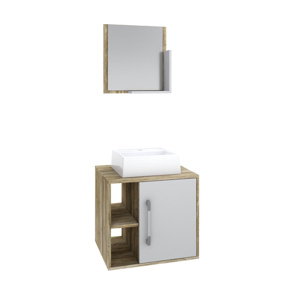 Conjunto para Banheiro Gabinete com Cuba Q32 e Espelheira Soft 500  Carvalho com Branco