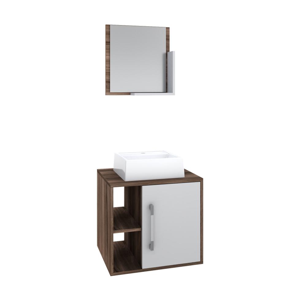 Conjunto para Banheiro Gabinete com Cuba Q32 e Espelheira Soft 500  Nogal com Branco
