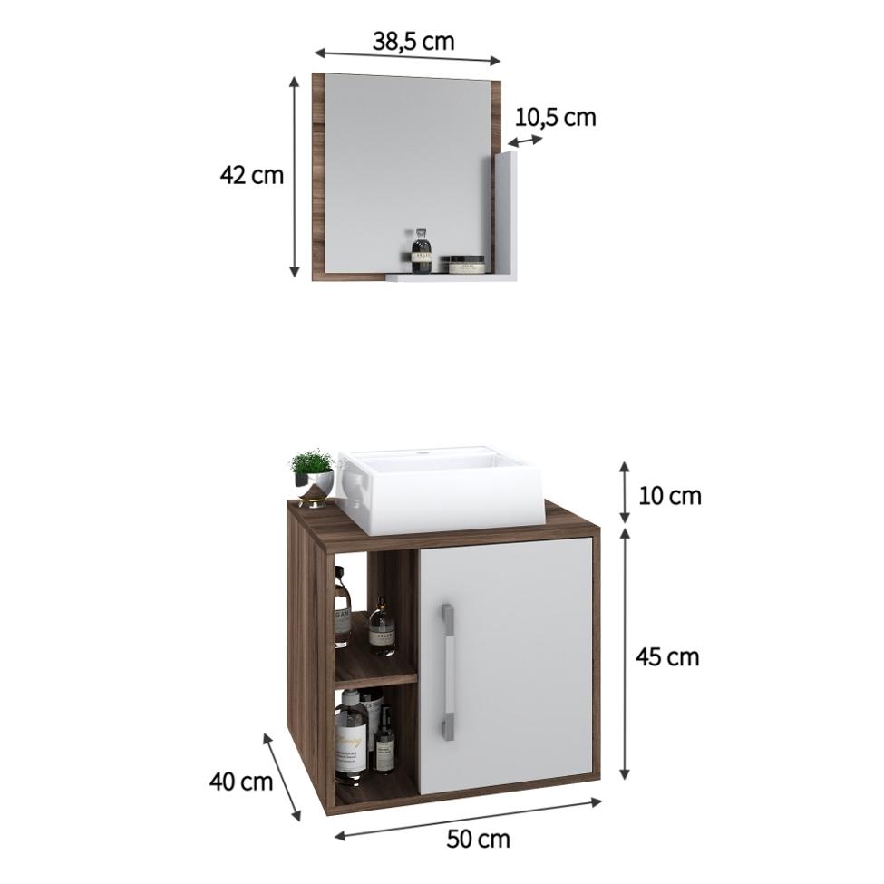Conjunto para Banheiro Gabinete com Cuba Q32 e Espelheira Soft 500  Nogal com Branco