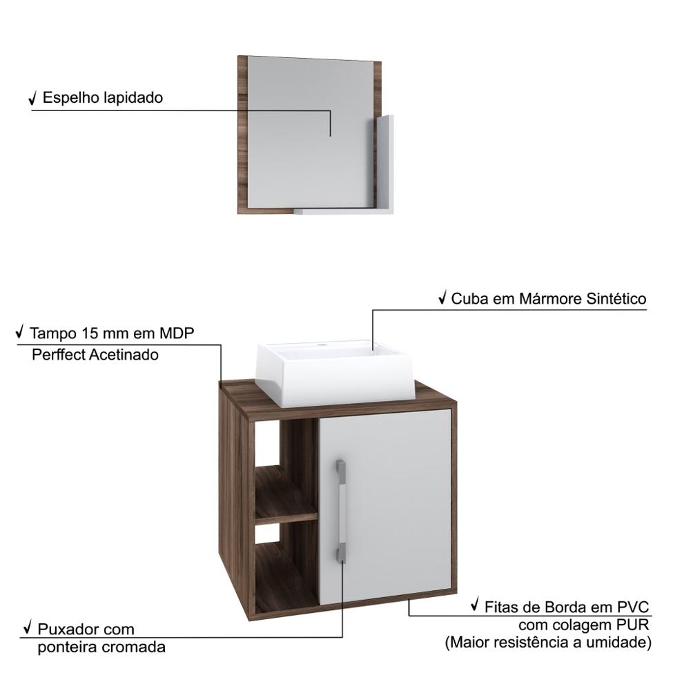 Conjunto para Banheiro Gabinete com Cuba Q32 e Espelheira Soft 500  Nogal com Branco