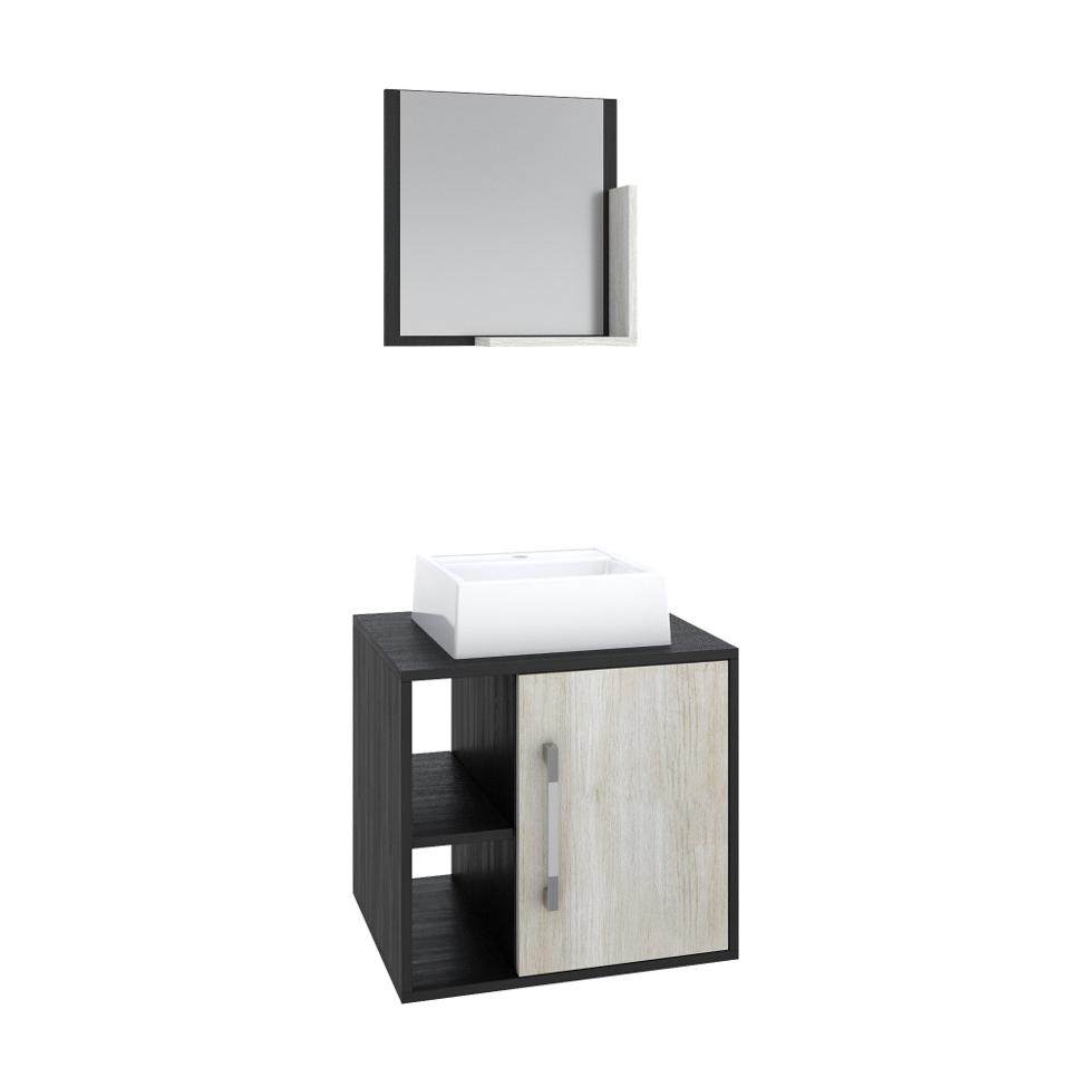 Conjunto para Banheiro Gabinete com Cuba Q32 e Espelheira Soft 500  Preto Onix com Snow