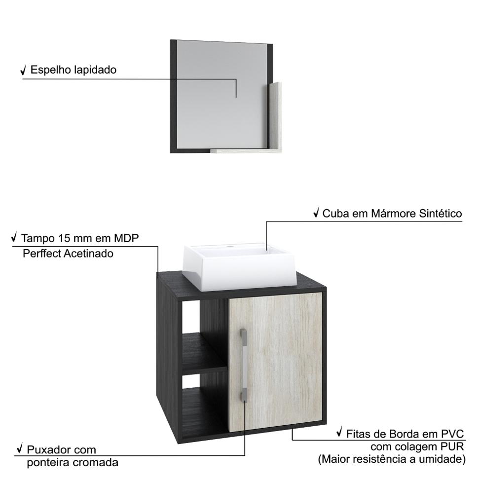 Conjunto para Banheiro Gabinete com Cuba Q32 e Espelheira Soft 500  Preto Onix com Snow