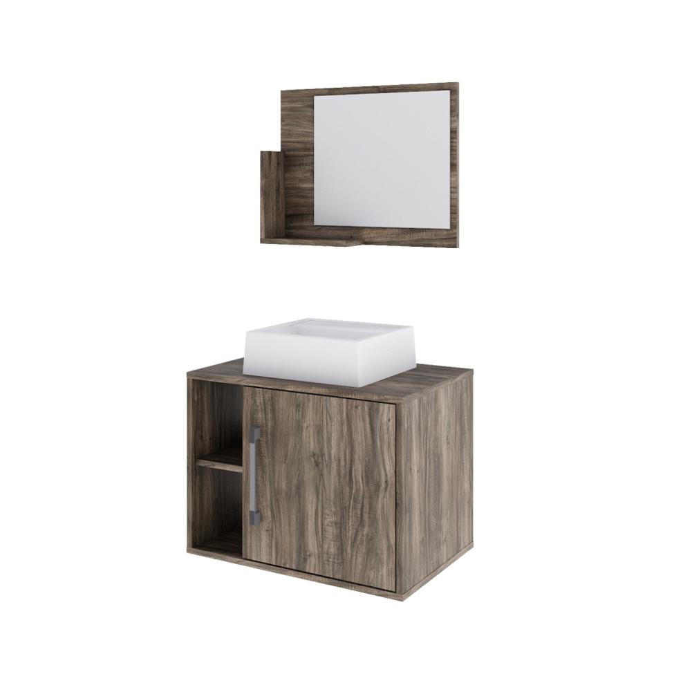 Conjunto para Banheiro Gabinete com Cuba Q32 e Espelheira Soft 600  Carvalho Dark