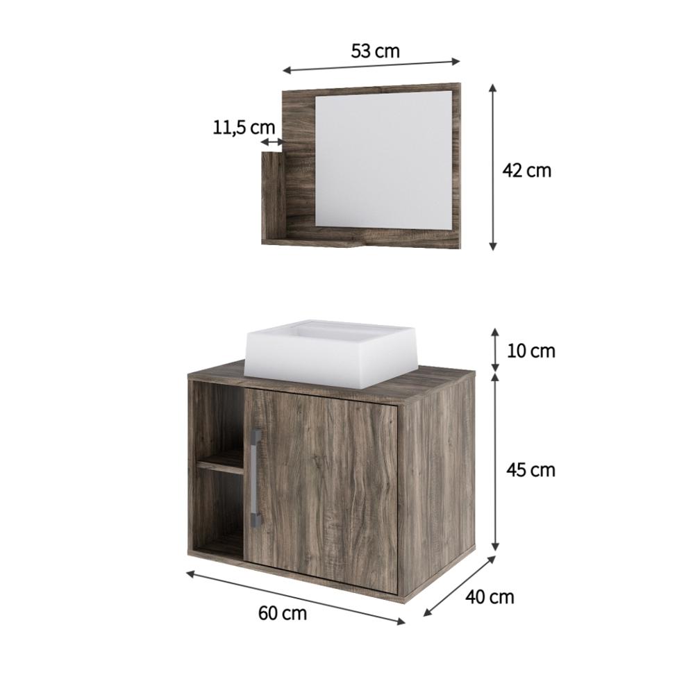 Conjunto para Banheiro Gabinete com Cuba Q32 e Espelheira Soft 600  Carvalho Dark