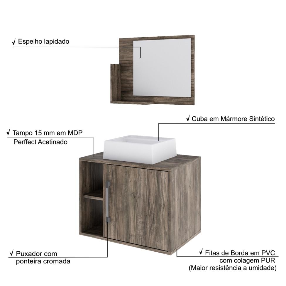 Conjunto para Banheiro Gabinete com Cuba Q32 e Espelheira Soft 600  Carvalho Dark