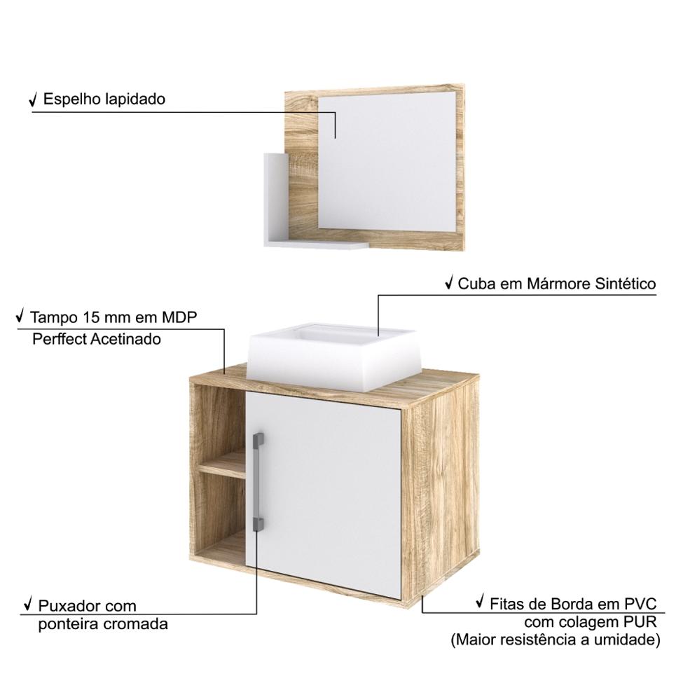 Conjunto para Banheiro Gabinete com Cuba Q32 e Espelheira Soft 600  Carvalho com Branco