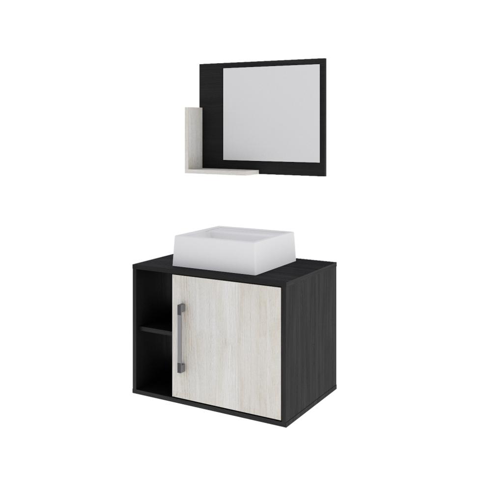 Conjunto para Banheiro Gabinete com Cuba Q32 e Espelheira Soft 600  Preto Onix com Snow