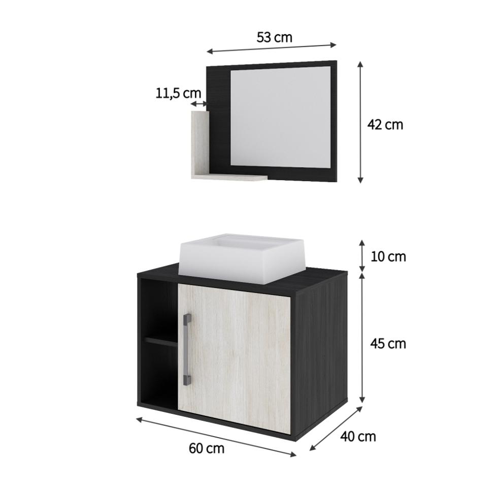 Conjunto para Banheiro Gabinete com Cuba Q32 e Espelheira Soft 600  Preto Onix com Snow