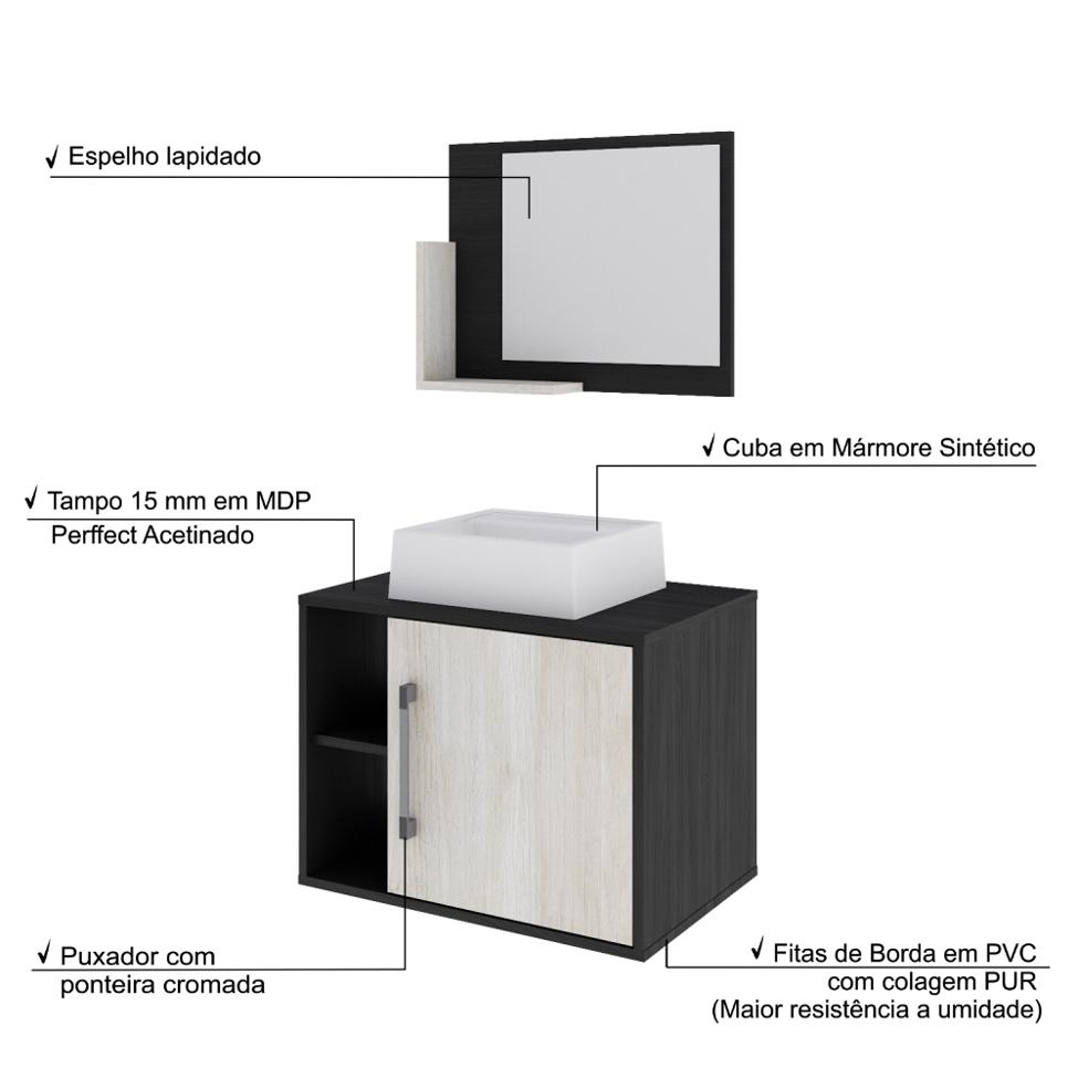 Conjunto para Banheiro Gabinete com Cuba Q32 e Espelheira Soft 600  Preto Onix com Snow