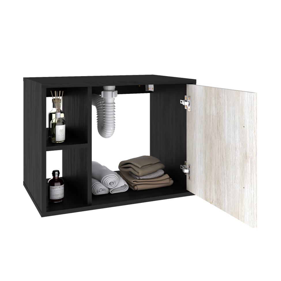 Conjunto para Banheiro Gabinete com Cuba Q32 e Espelheira Soft 600  Preto Onix com Snow