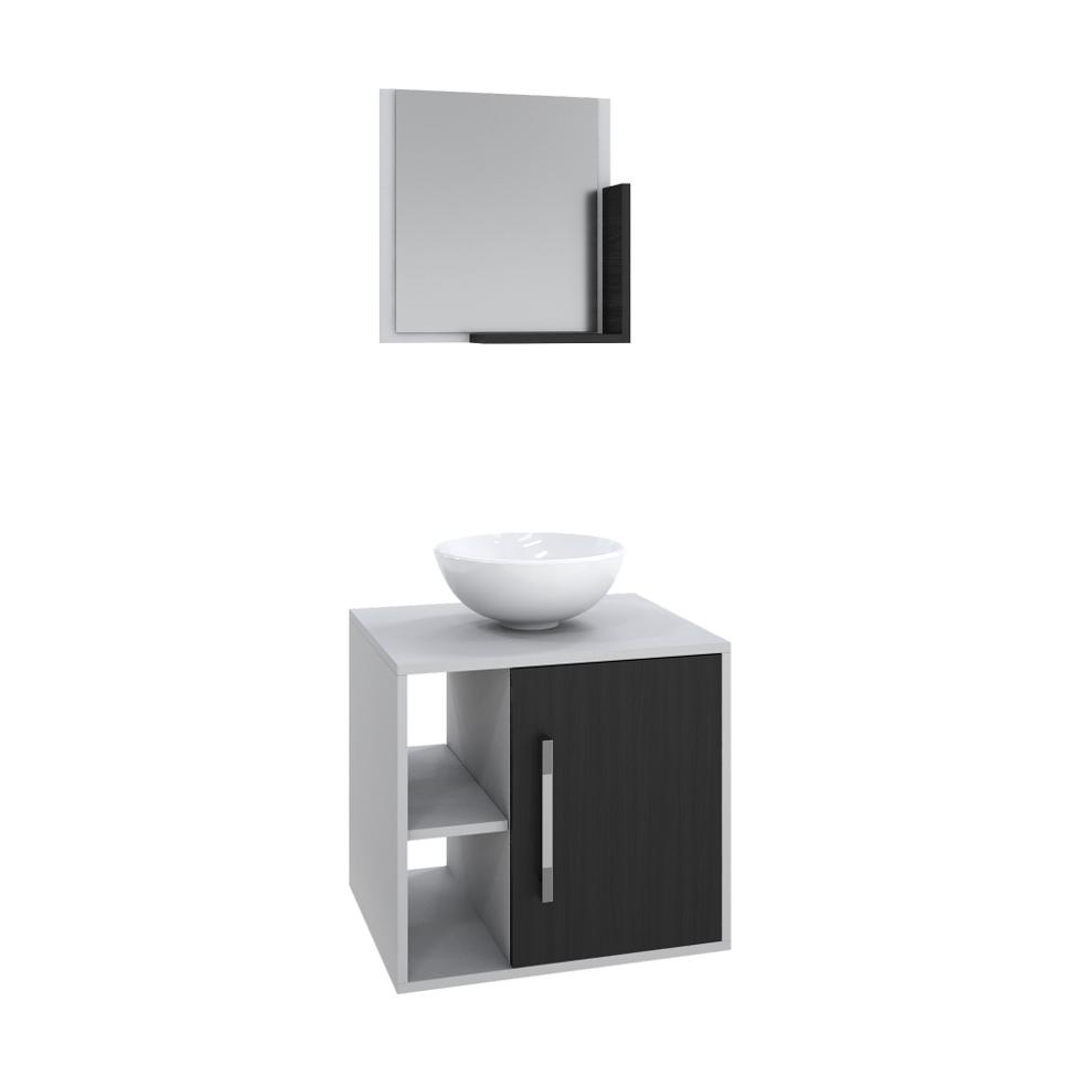Conjunto para Banheiro Gabinete com Cuba Redonda R30 e Espelheira Soft 500  Branco com Preto Ônix