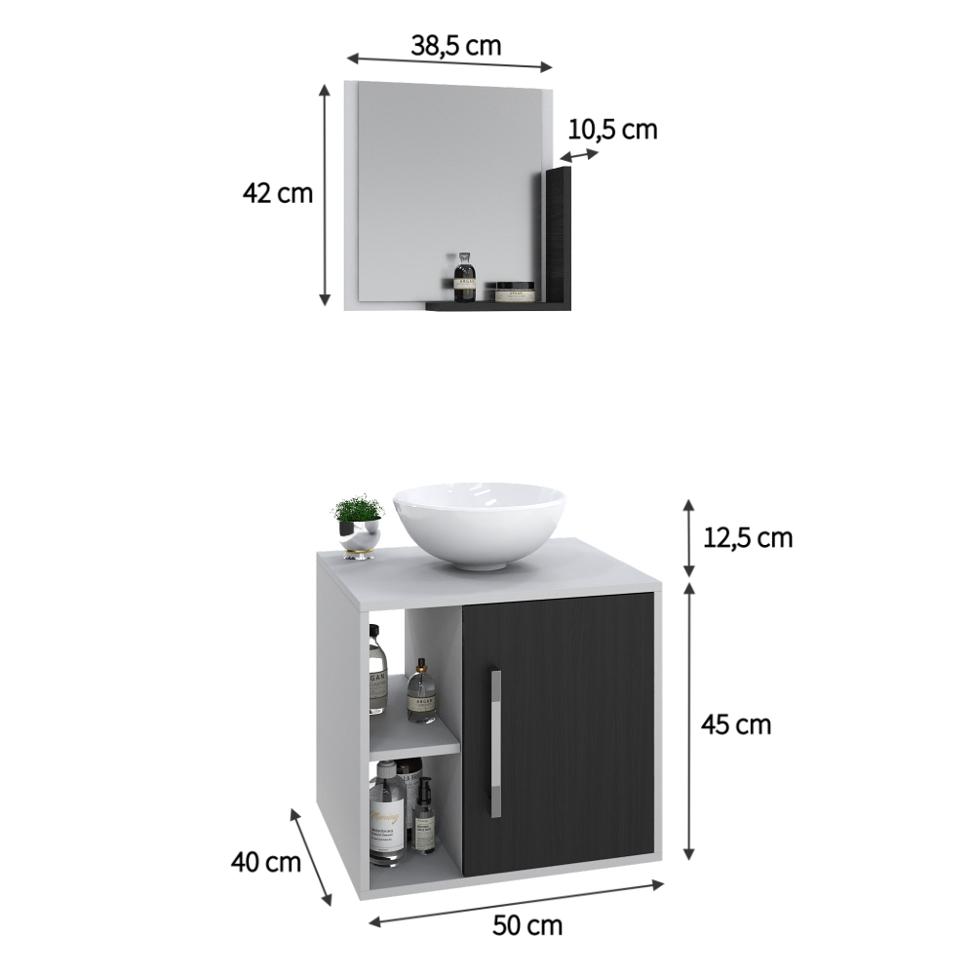 Conjunto para Banheiro Gabinete com Cuba Redonda R30 e Espelheira Soft 500  Branco com Preto Ônix