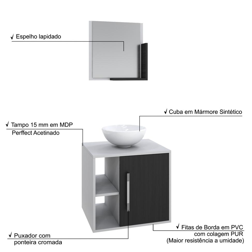 Conjunto para Banheiro Gabinete com Cuba Redonda R30 e Espelheira Soft 500  Branco com Preto Ônix