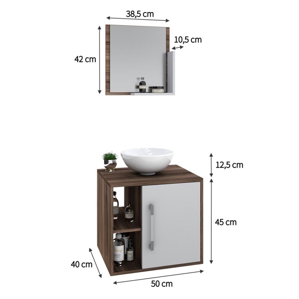 Conjunto para Banheiro Gabinete com Cuba Redonda R30 e Espelheira Soft 500  Nogal com Branco