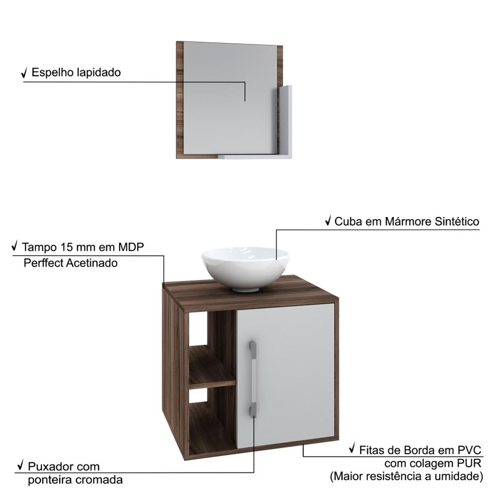 Conjunto para Banheiro Gabinete com Cuba Redonda R30 e Espelheira Soft 500  Nogal com Branco