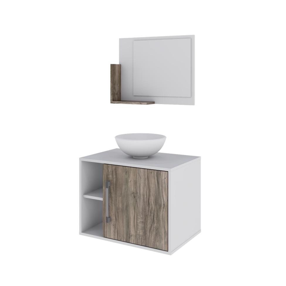 Conjunto para Banheiro Gabinete com Cuba Redonda R30 e Espelheira Soft 600  Branco com Carvalho Dark