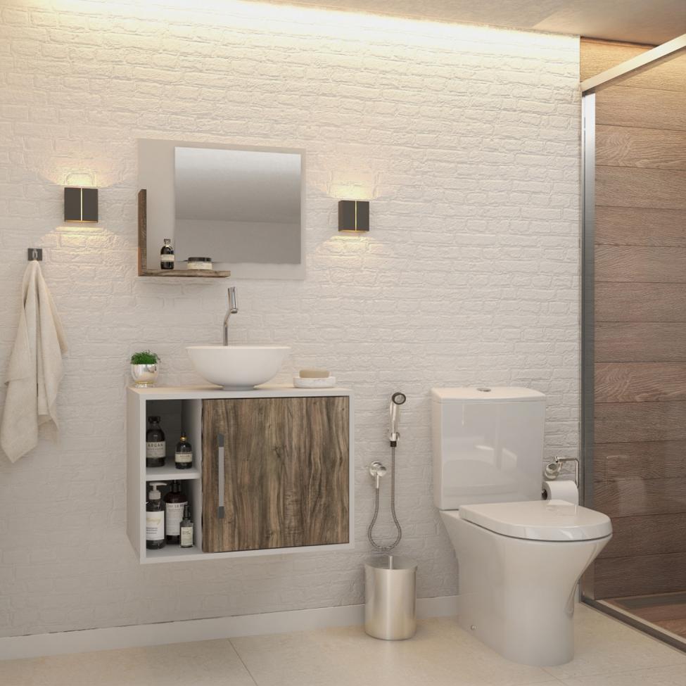 Conjunto para Banheiro Gabinete com Cuba Redonda R30 e Espelheira Soft 600  Branco com Carvalho Dark