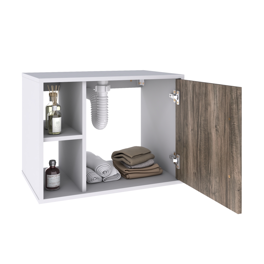 Conjunto para Banheiro Gabinete com Cuba Redonda R30 e Espelheira Soft 600  Branco com Carvalho Dark