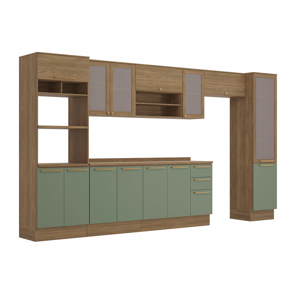 Cozinha Compacta Botanic com Tela 14 Portas 3 Gavetas Nogueira e Verde