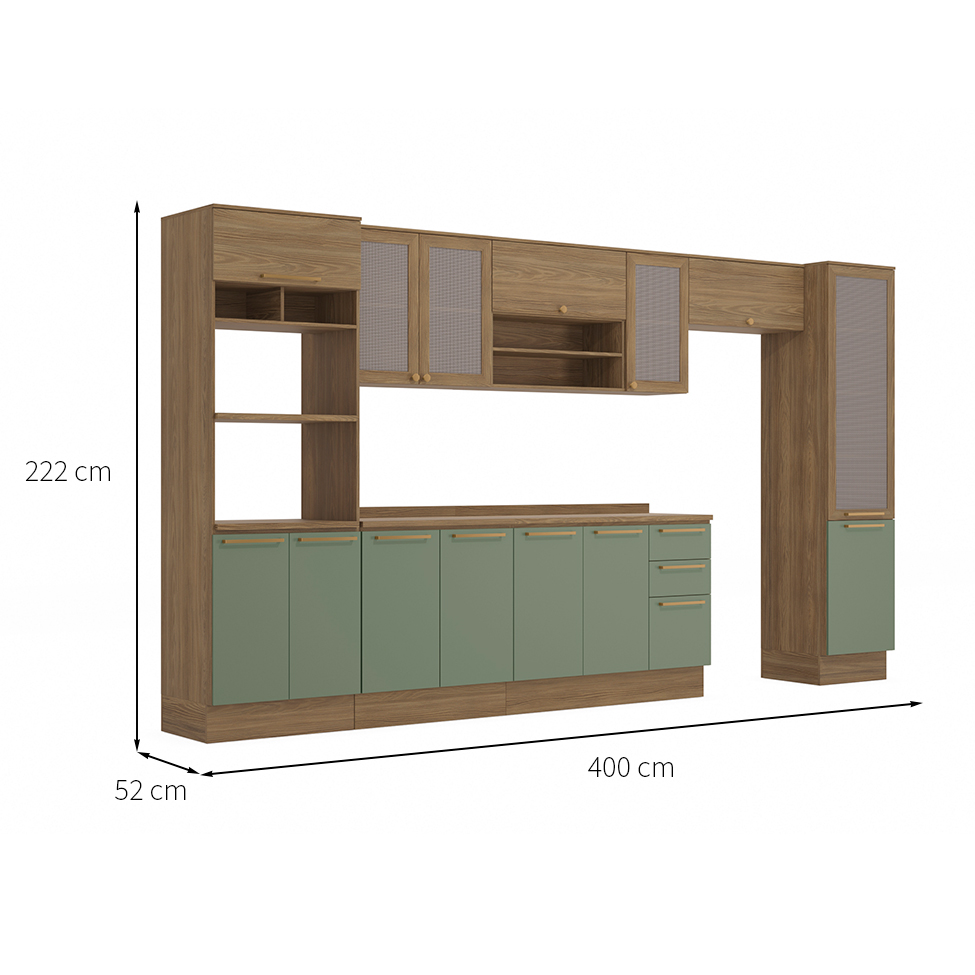 Cozinha Compacta Botanic com Tela 14 Portas 3 Gavetas Nogueira e Verde