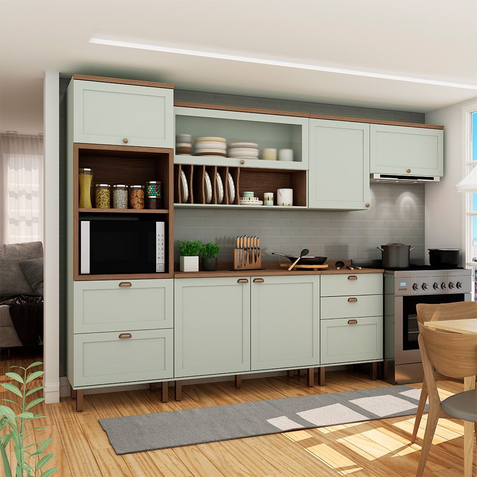 Cozinha Iluminata 7 Portas 4 Gavetas Verde Mint e Ébano
