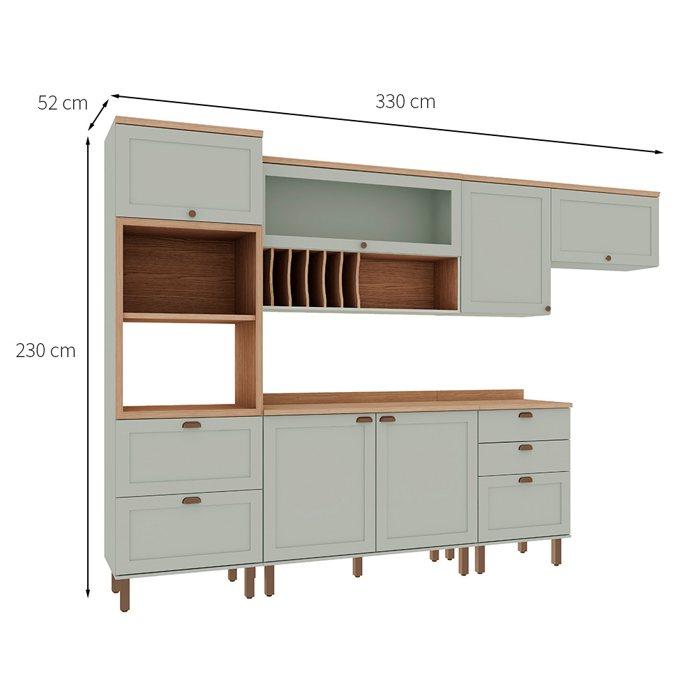 Cozinha Iluminata 7 Portas 4 Gavetas Verde Mint e Ébano