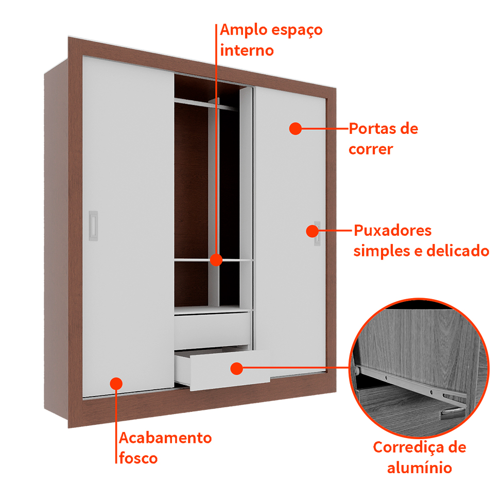 Guarda-Roupa Casal  Luiza 3 Portas 2 Gavetas Branco e Marrom 190 cm