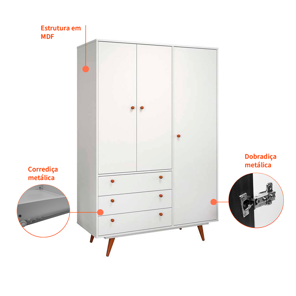 Guarda-Roupa Casal Retrô Plus 3 PT 3 GV Branco Acetinado