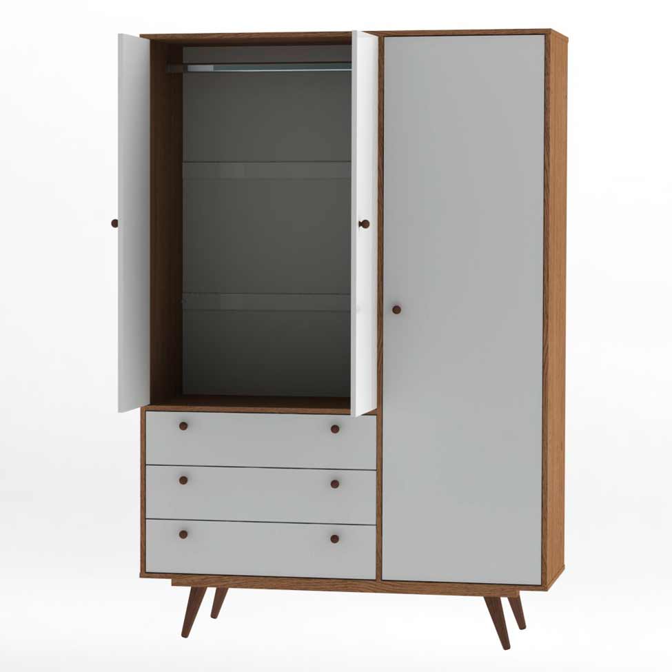 Guarda-Roupa Casal Retrô Plus 3 Portas 3 Gavetas Rustik Carvalho e Branco