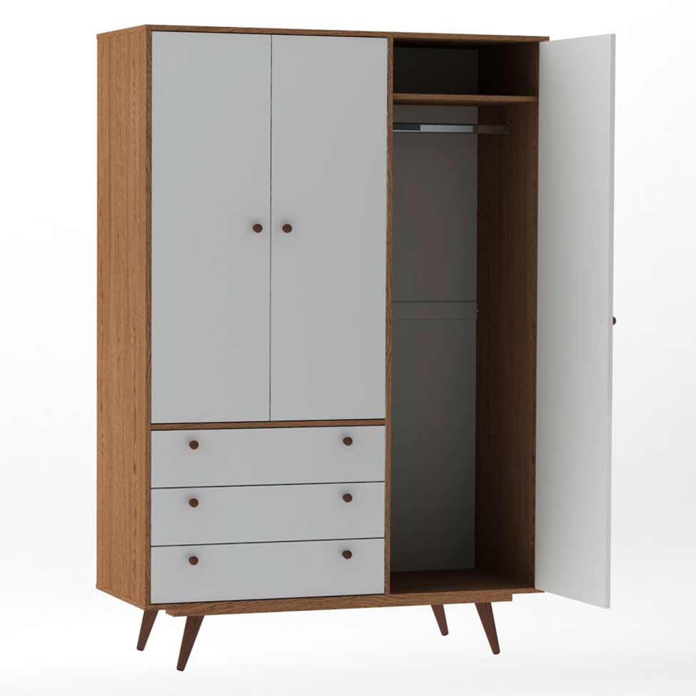 Guarda-Roupa Casal Retrô Plus 3 Portas 3 Gavetas Rustik Carvalho e Branco