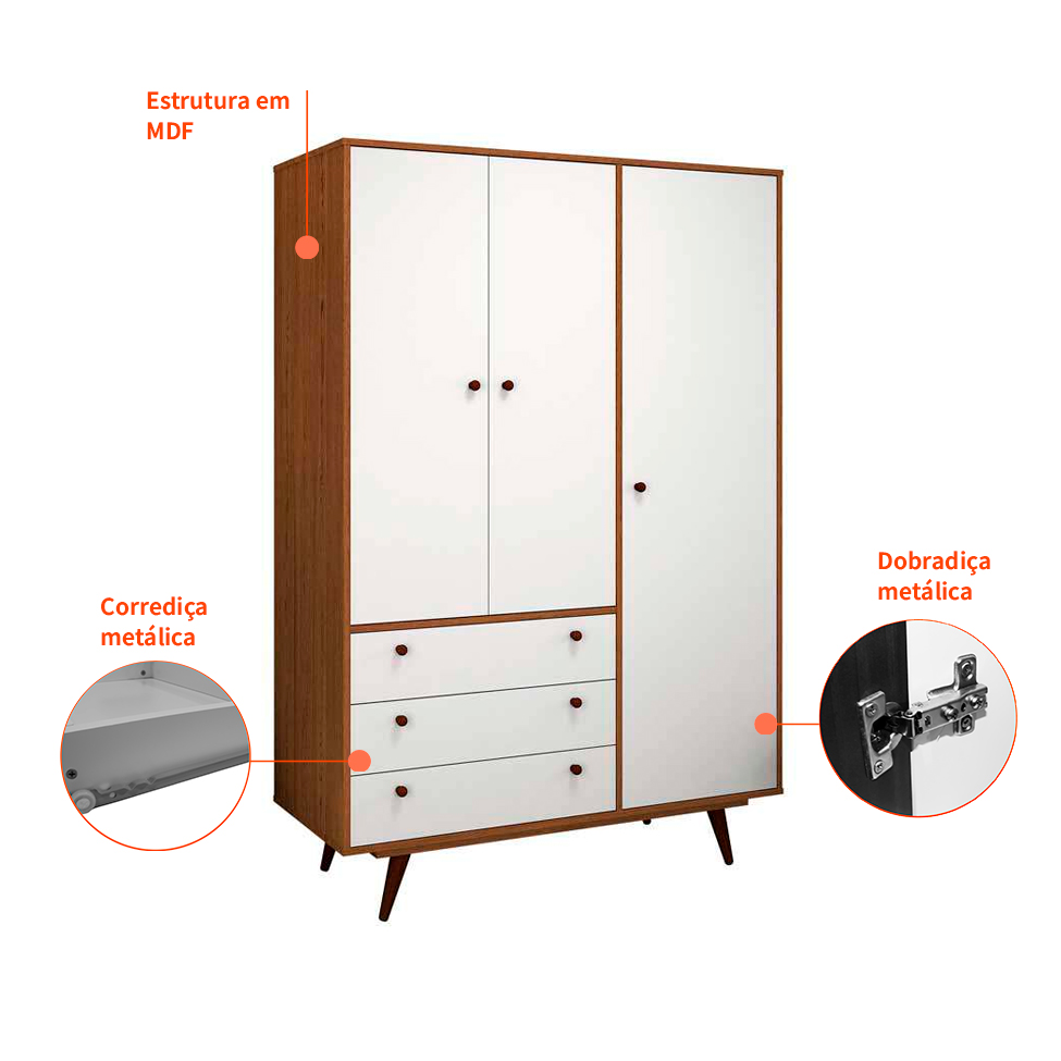 Guarda-Roupa Casal Retrô Plus 3 Portas 3 Gavetas Rustik Carvalho e Branco