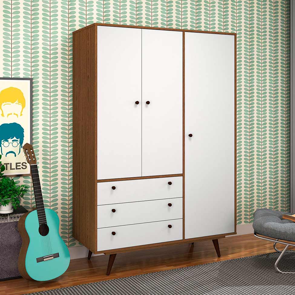 Guarda-Roupa Casal Retrô Plus 3 Portas 3 Gavetas Rustik Carvalho e Branco