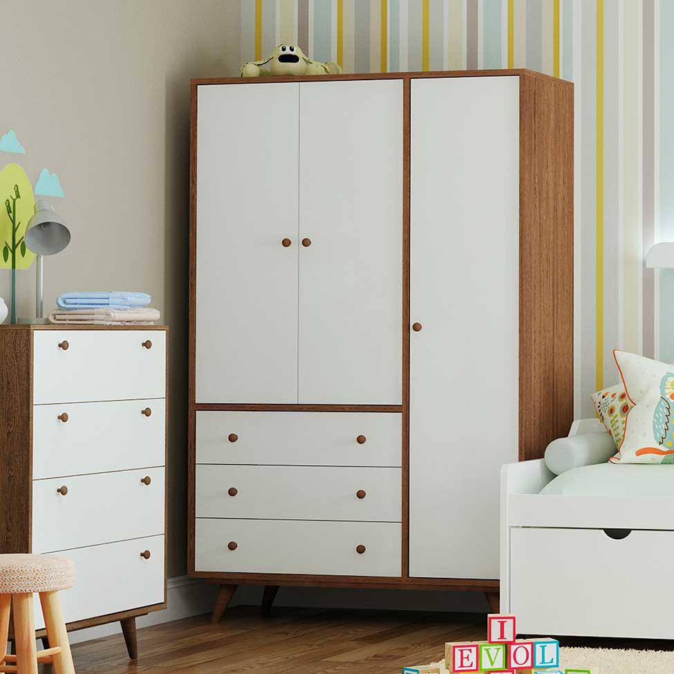 Guarda-Roupa Casal Retrô Plus 3 Portas 3 Gavetas Rustik Carvalho e Branco