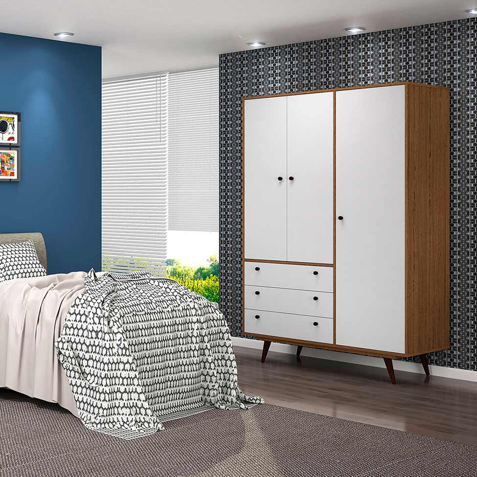 Guarda-Roupa Casal Retrô Plus 3 Portas 3 Gavetas Rustik Carvalho e Branco