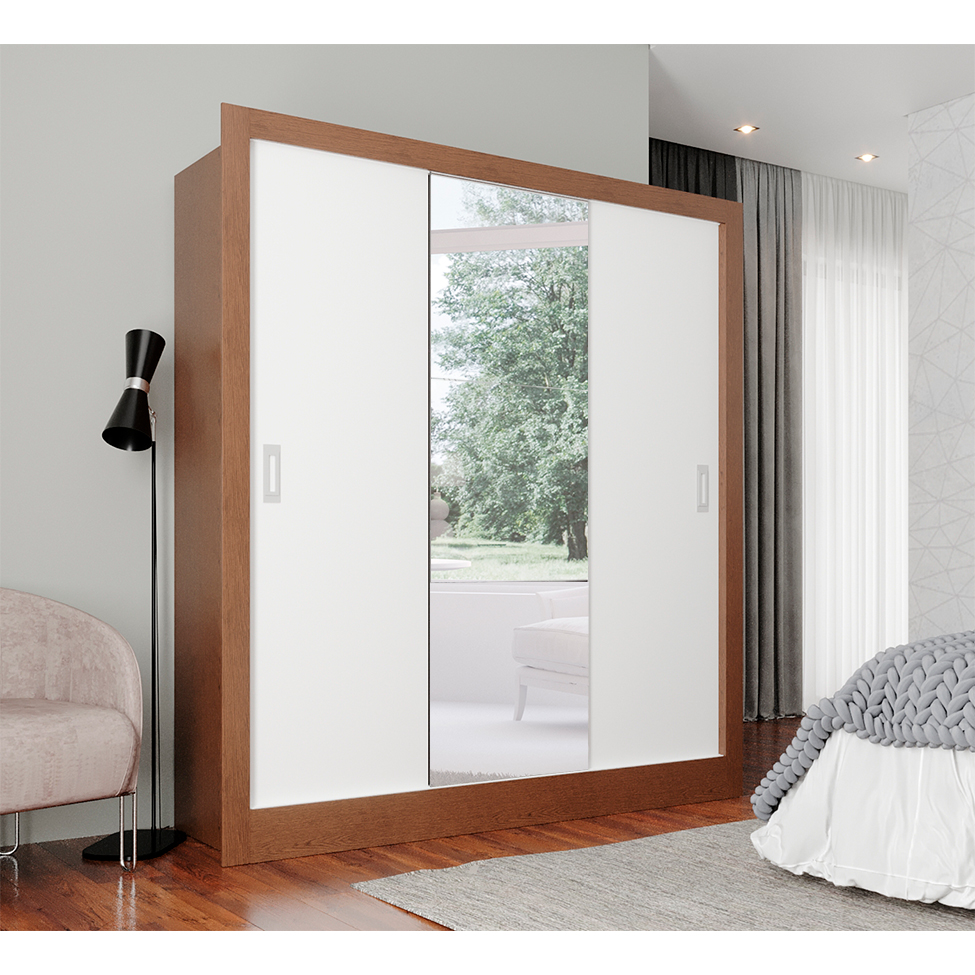 Guarda-Roupa Casal com 1 Espelho Luiza 3 Portas 2 Gavetas Marrom e Branco 190 cm