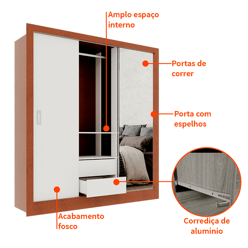 Guarda-Roupa Casal com 1 Espelho Luiza 3 Portas 2 Gavetas Marrom e Branco 190 cm