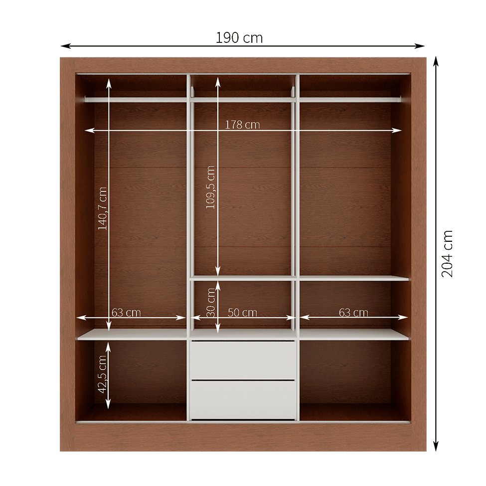 Guarda-Roupa Casal com 1 Espelho Luiza 3 Portas 2 Gavetas Marrom e Branco 190 cm