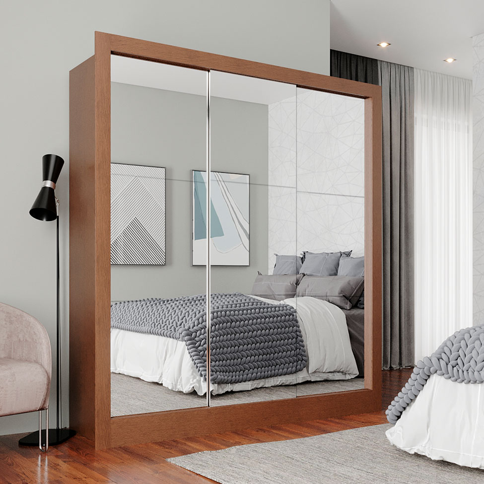 Guarda-Roupa Casal com 3 Espelhos Luiza 3 Portas 2 Gavetas Marrom e Branco 190 cm